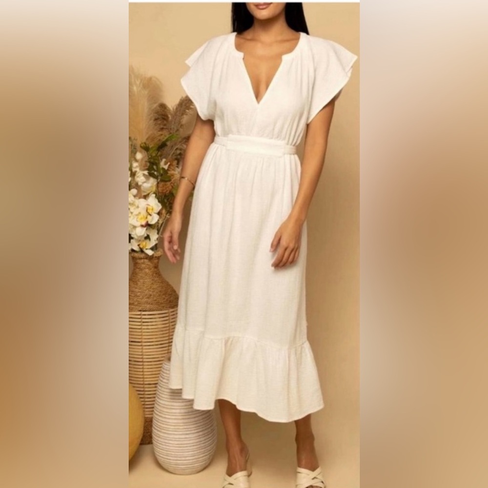 Belted White Midi Dress
